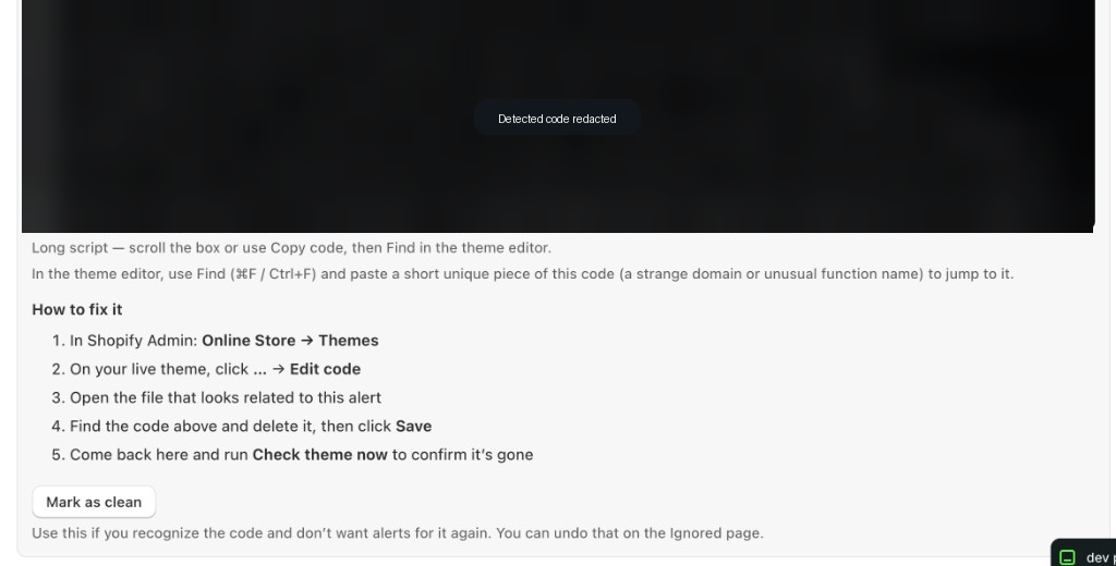 Sketch Audit alert detail with suspected code redacted and fix steps