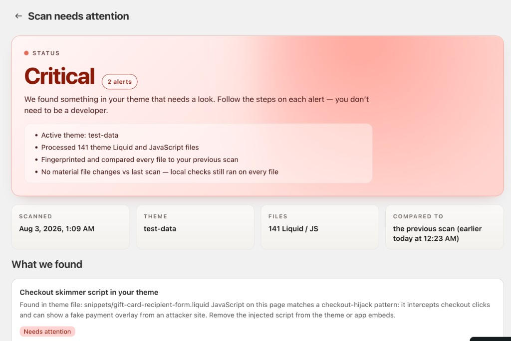 Sketch Audit scan report overview showing status and an alert